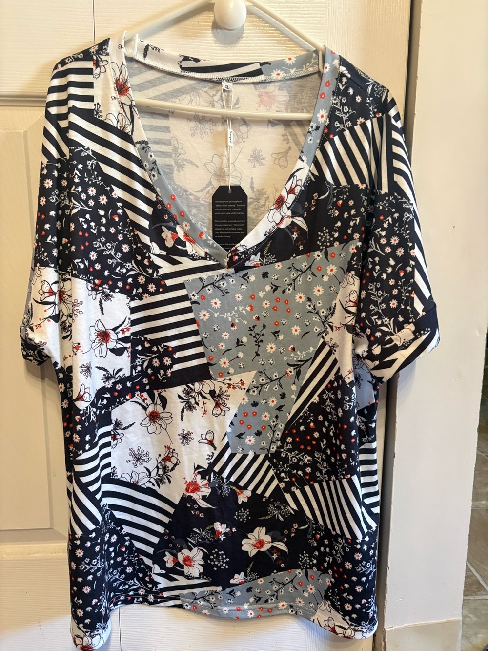 Patchwork Floral & Stripe V-Neck Tee - Navy/White/Light Blue